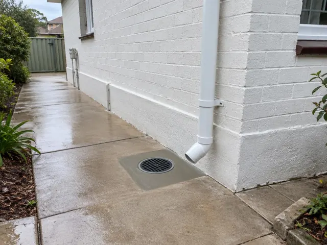 Clean outdoor grated drain beside a white brick house with dry paved side path in Fassifern
